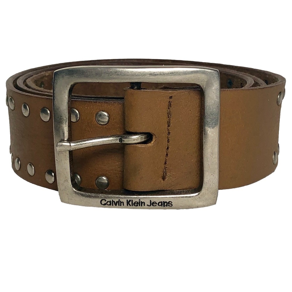 Vtg Y2K Calvin Klein Jeans Studded Brown Leather‎ Belt 33-37"